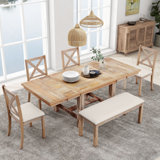 Farmhouse 6-Piece Extendable Dining Table Set – 82" Table with 2 Removable Leaves, Upholstered Chairs & Bench, Natural+Beige Cushion