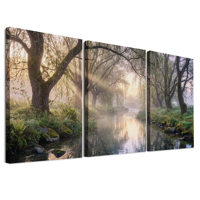 Ensemble de 3 toiles murales « Lumière dorée sur une rivière brumeuse avec des saules », H 24 po x l 16 po x 3 pièces