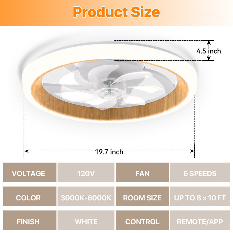 20" Modern Low Profile Ceiling Fan with Light & Remote, 6-Speed DC Motor, 3 CCT Dimmable LED
