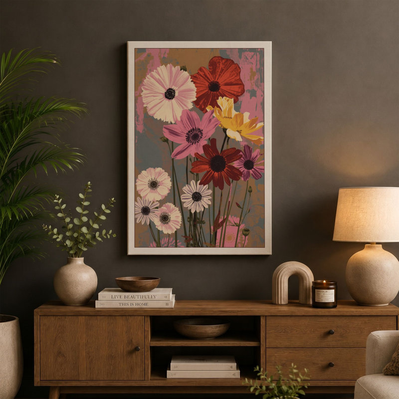Gerbera Arrangement Botanical - Wrapped Canvas, 24x16 - 61.0 x 40.6 cm, Ochre Border