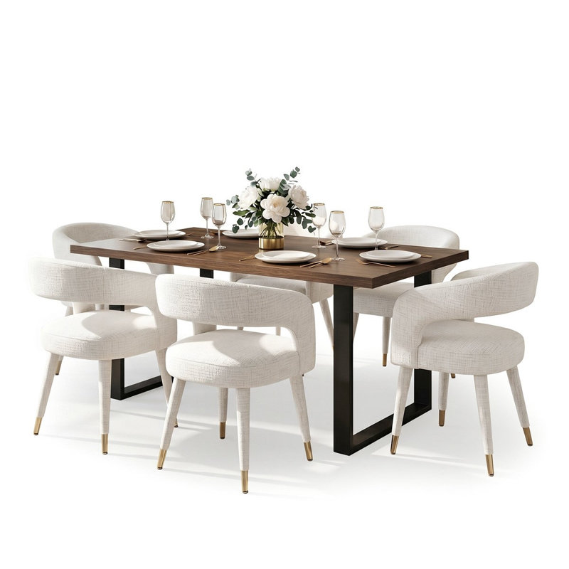 7-Piece Rectangular Dining Set With Chenille Arm Chairs, Beige