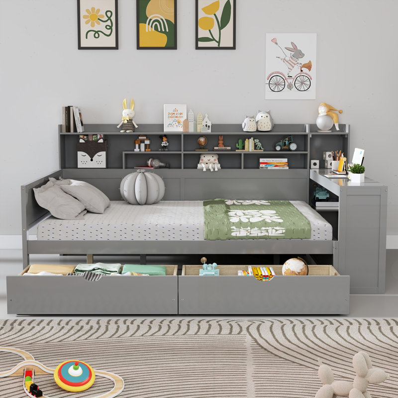 Wooden Daybed with Storage Shelves, Gray