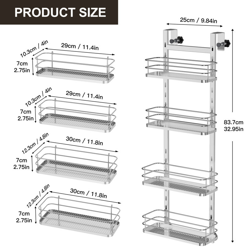 Support de rangement pour garde-manger au-dessus de la porte avec des crochets fiables, support de rangement pour panier de douche robuste, tablettes de salle de bain extra larges, argent