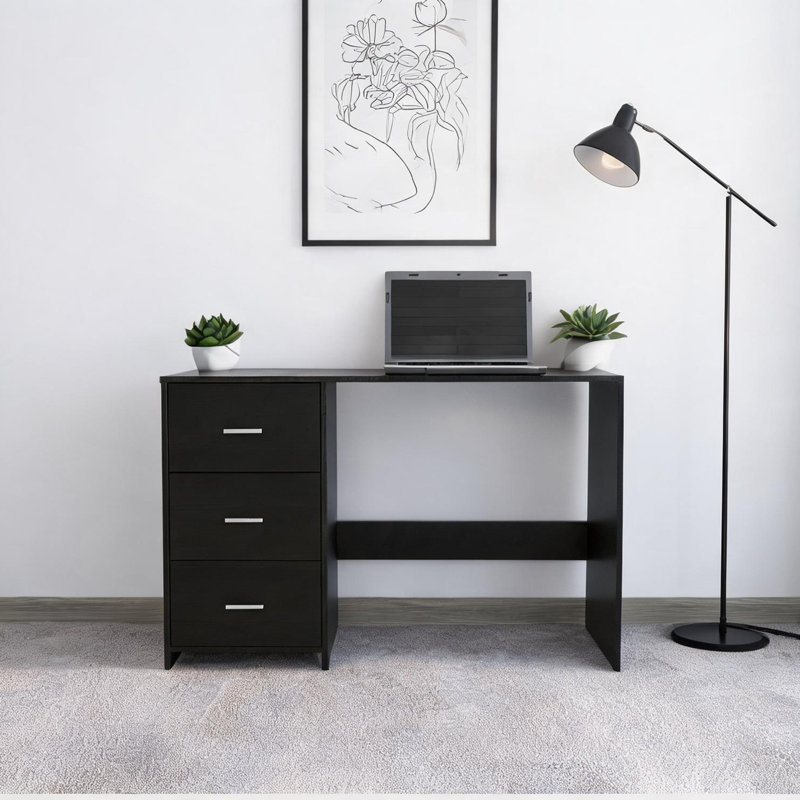 Bureau d'écriture rectangulaire avec 3 tiroirs et support à tasses, 47,5 W, panneau de particules noir mat