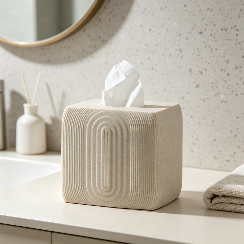 Boîte à mouchoirs carrée en résine beige à effet grès et rayures ovales, élégante, idéale pour la décoration de la maison et du bureau.
