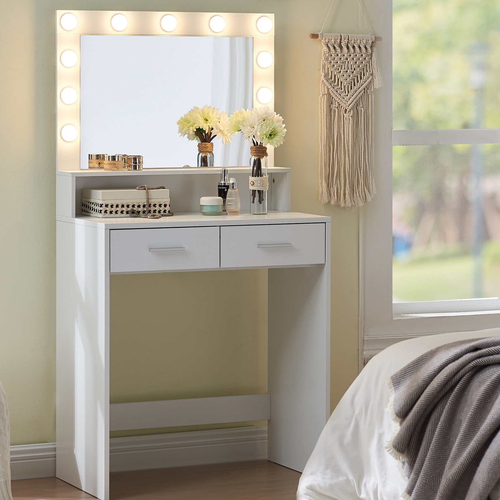 George Oliver Bedroom Vanity With Mirror And Lights, 2 Level Storage ...