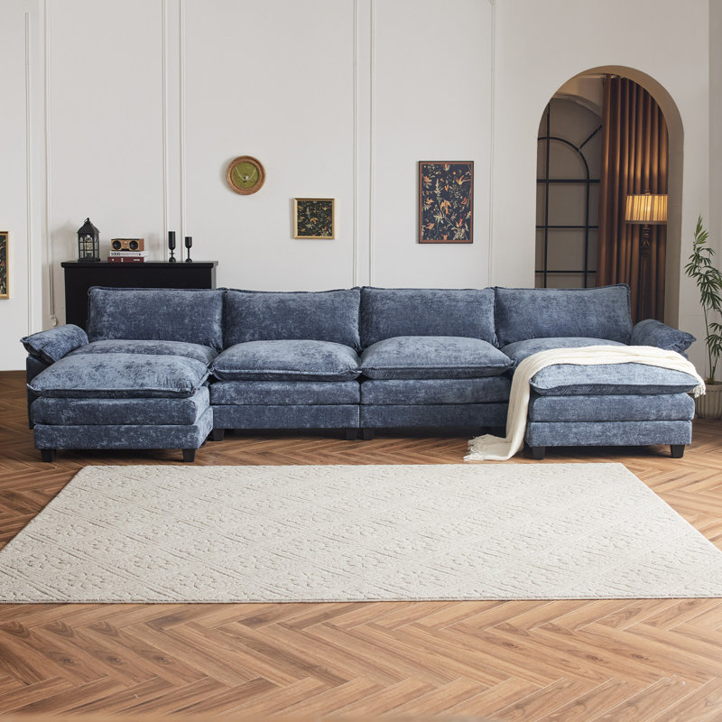 Canapé modulaire 4 places avec 2 repose-pieds Latitude Run®, Chenille gris bleu