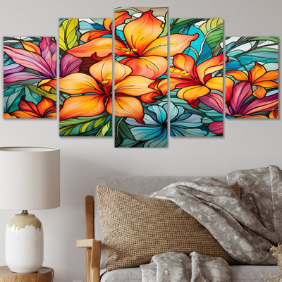 «Vibrantly Happy Blossoming Tropical Flowers II», reproduction d'art sur toile - 5 panneaux