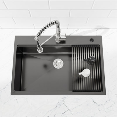 Stainless Steel Kitchen Sink, 33″X22″ Single Bowl, Overmount Handmade Sink In Black, With Cutting Board, Colander