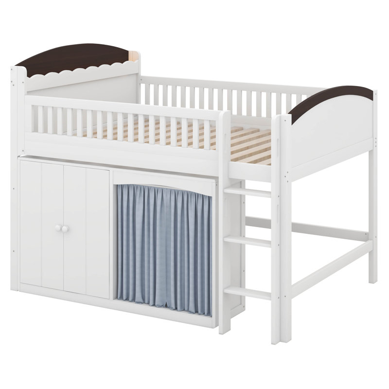 Lit mezzanine double avec armoire de rangement, structure de lit mezzanine en bois massif avec garde-robe et DEL pour enfants adolescents