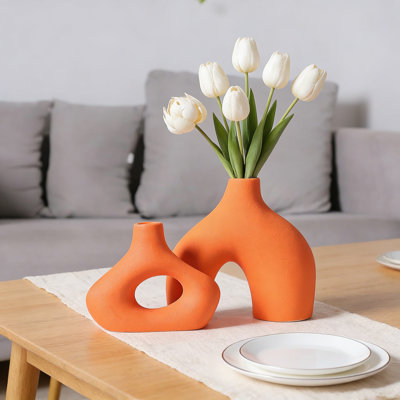 Ensemble de 2 vases beignets en céramique modernes, vases mat minimalistes pour l'herbe de la pampa et arrangements floraux, décoration bohémienne pour le salon, la tablette, la table à manger et le bureau