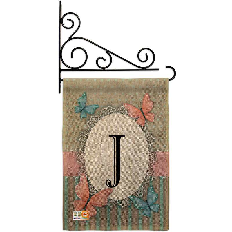 Papillons et initiale 2 côtés en toile jute 19 x 13 po drapeau de jardin, J