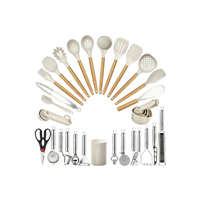 Ensemble d'ustensiles de cuisine 35 pièces, poignées en silicone et en bois