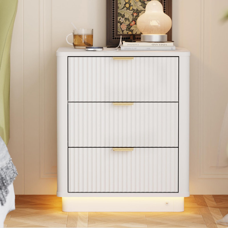 Table de chevet courbée avec éclairage de station de charge, table de bout en bois avec 3 tiroirs, Blanc, Individuel
