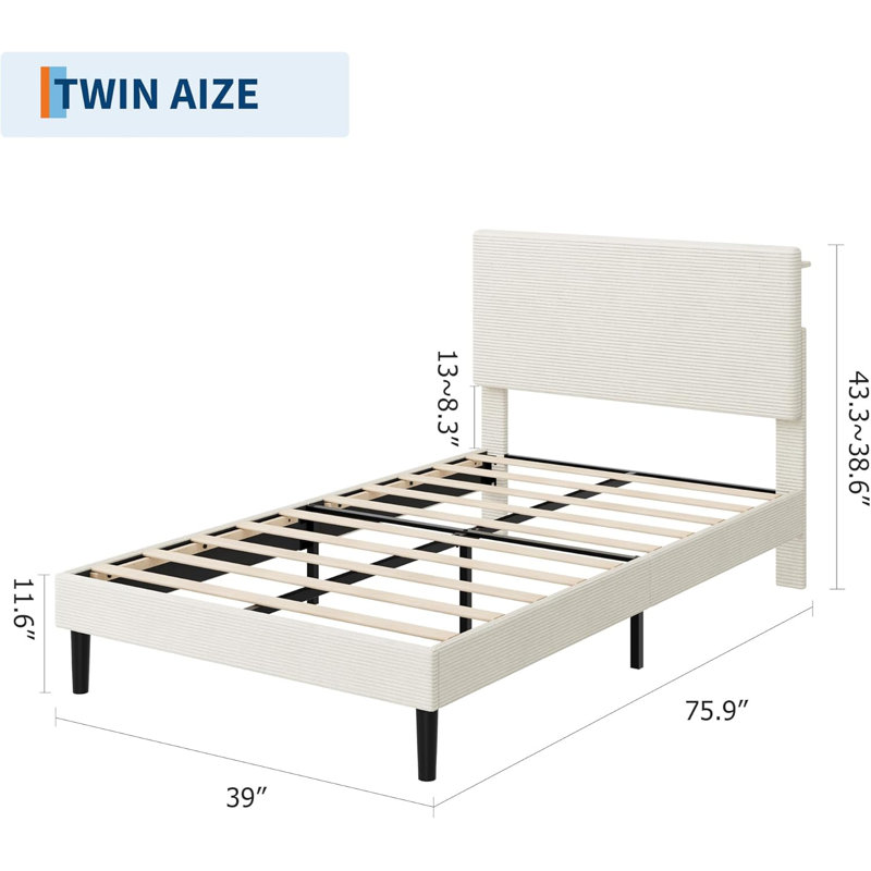 Structure de lit simple avec station de charge USB, structure de lit tapissier en velours côtelé avec tête de lit réglable, support de lattes en bois, aucun sommier requis, assemblage facile, beige
