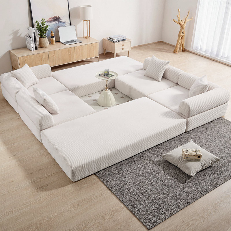 Boneless Convertible Folding L-Shaped Sectional Sofa Bed, Cloud Corduroy Fabric Sleeper with Memory Foam Mattress, 6 Configurations for Living Room, No Assembly Required