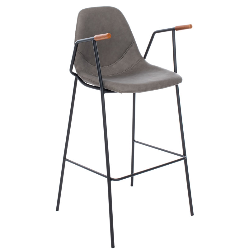 Ash Gray Leather and Metal Mid Century Bar Stool