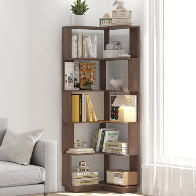 6 Tier Freestanding L-Shaped Corner Bookshelf, Wooden Display Shelf With Anti-Drop Panels And Anti-Tipping Device For Home Office