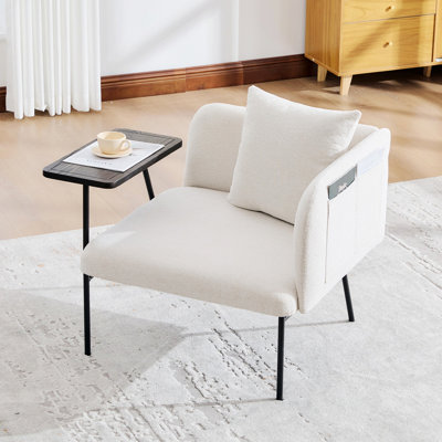 Chaise d'appoint avec petite table et coussin de dossier, chaise rembourrée avec pieds en métal et poche latérale