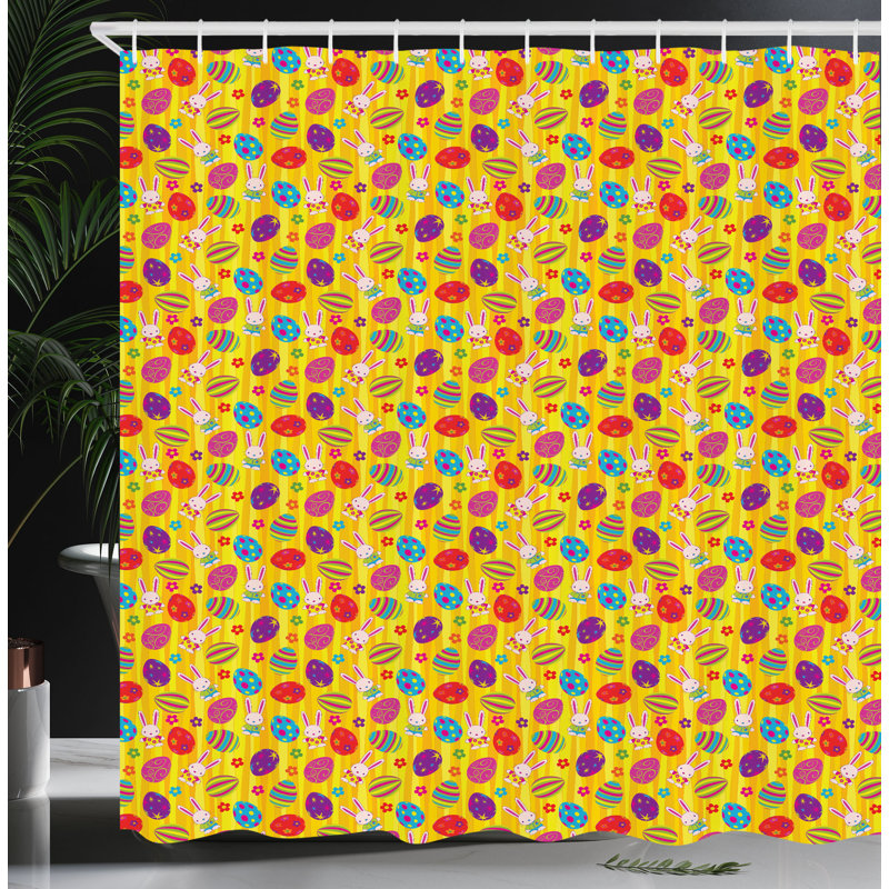 The Holiday Aisle® Easter Shower Curtain Bunnies Daisies Funky Multicolor, 70"H x 69"W