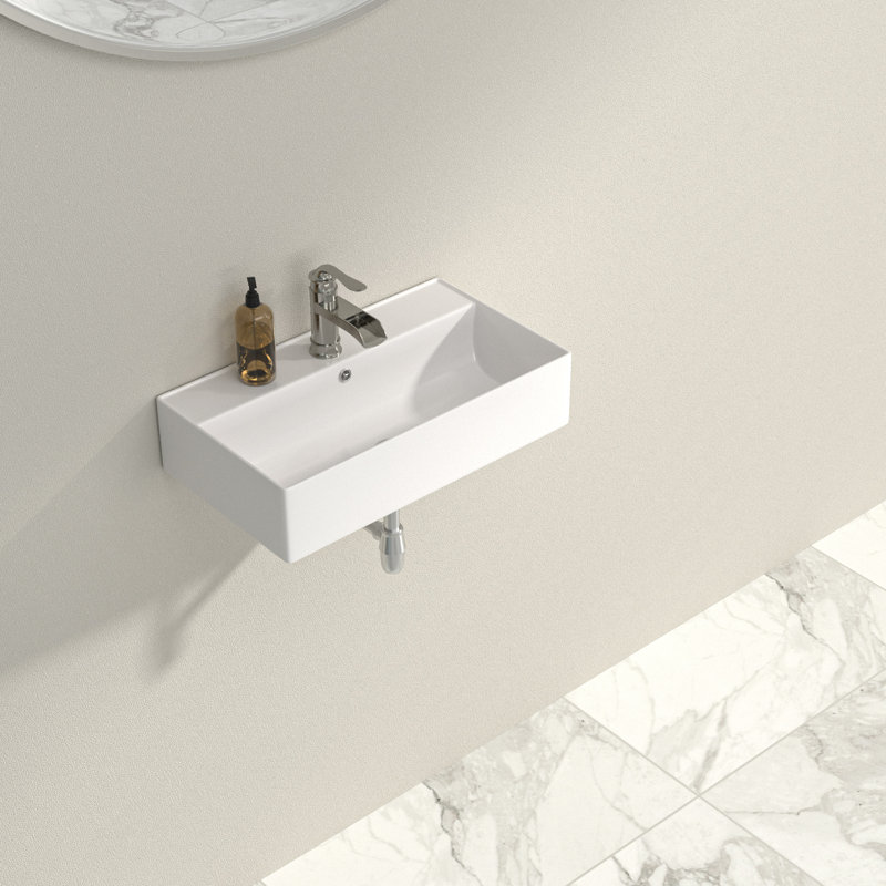 21" L x 12" W Wall Mounted Bathroom Sink Wall Hung White Ceramic Sink with Overflow and Faucet Hole