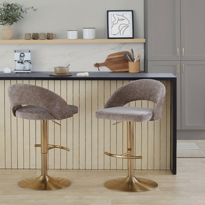 Ensemble de 2 tabourets de bar réglables pivotants, structure en métal doré avec tissu gris foncé et repose-pieds en T, Or