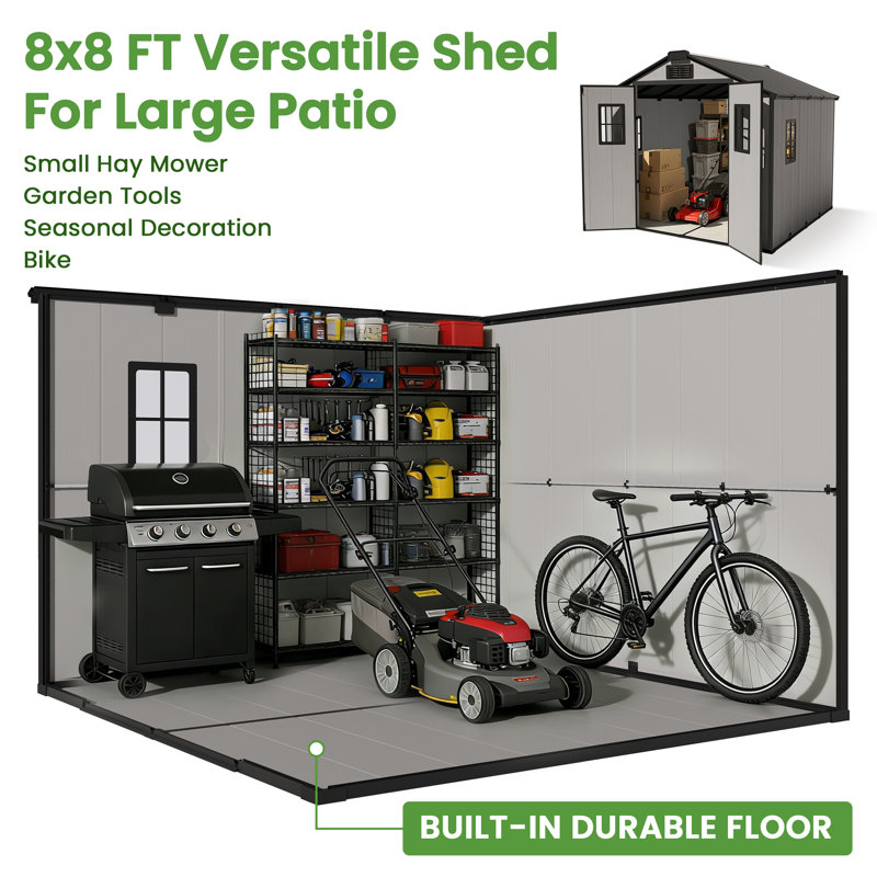 8 Ft. x 8 Ft. Outdoor Storage Shed, Resin Storage Shed with Windows, 87.79" H x 95.27" W x 92.51" D