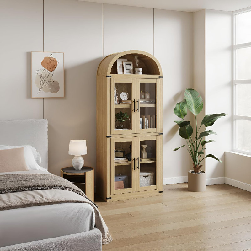 NaturalFarmhouse Arched Glass Door Bookshelf 71.4" Tall Wooden Display Cabinet for Living Room Office