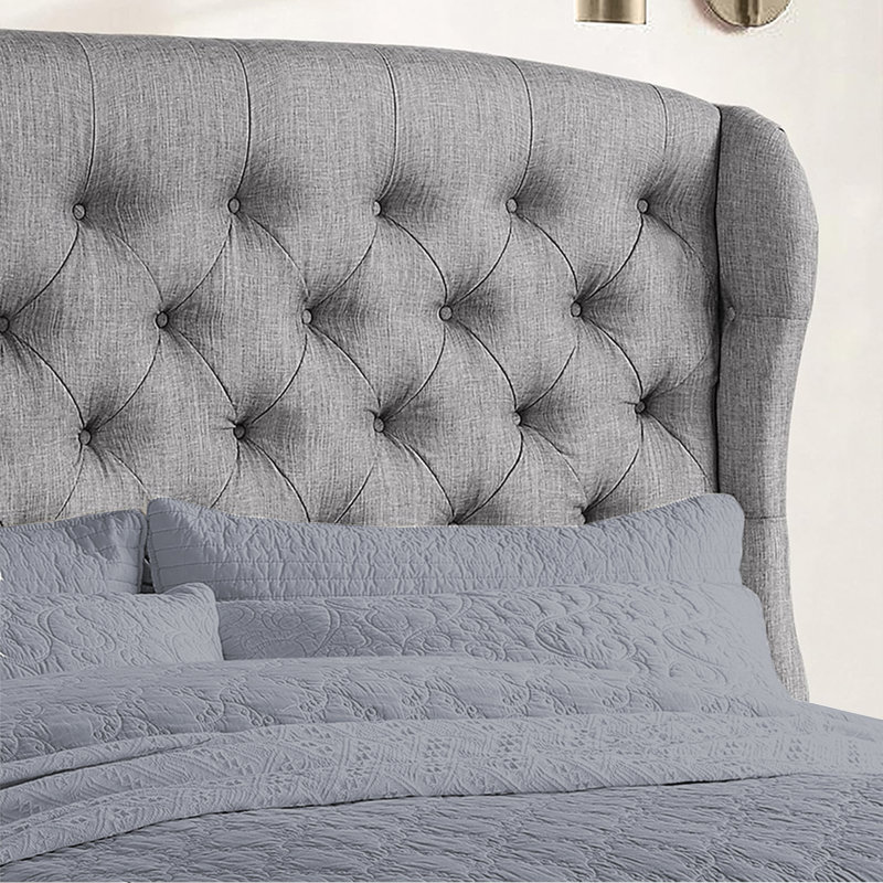 Lit tapissier en tissu, base de lit à hauteur réglable capitonnée, Gris, Très grand lit