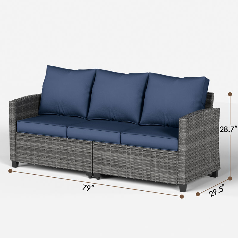 3-Person Patio Sofa With 2 Ottomans, Gray, Navy