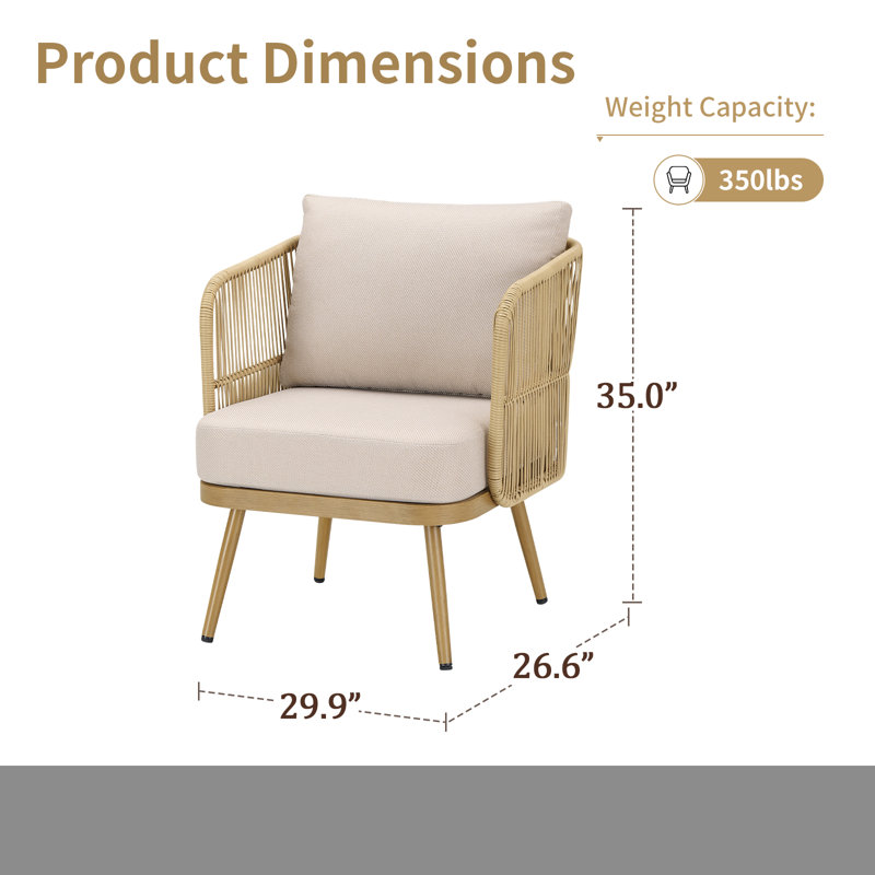 Beige Wicker Rattan Outdoor Dining Armchair with Cushions