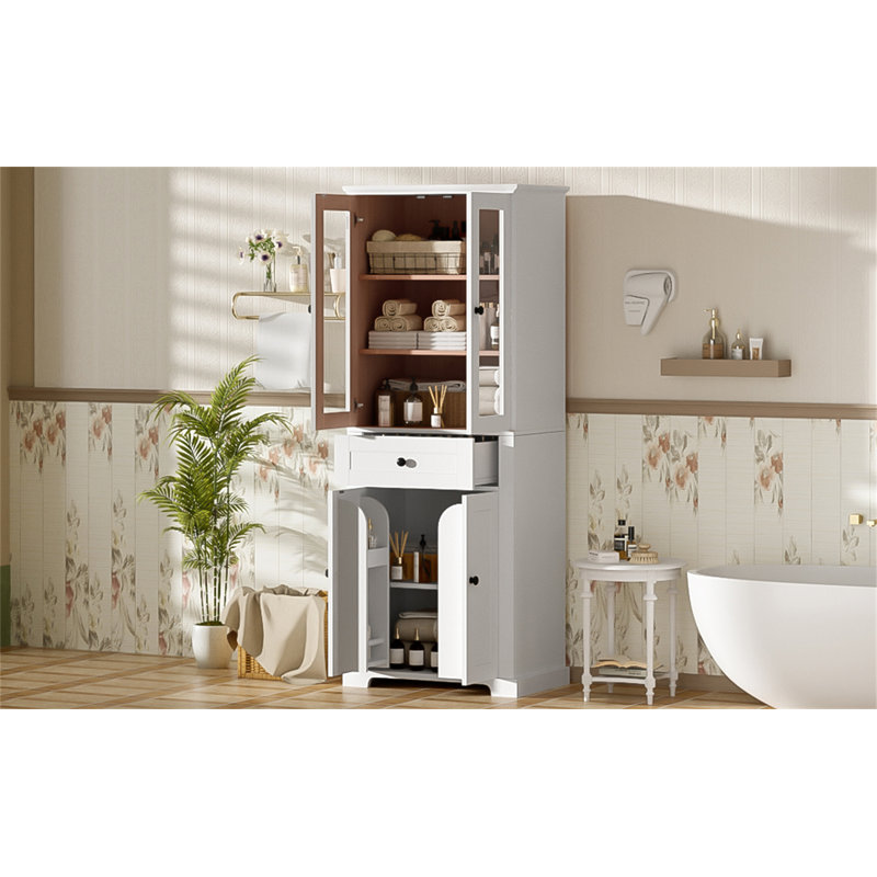 Armoire de rangement de 67,2 po de hauteur avec portes en verre trempé, Blanc