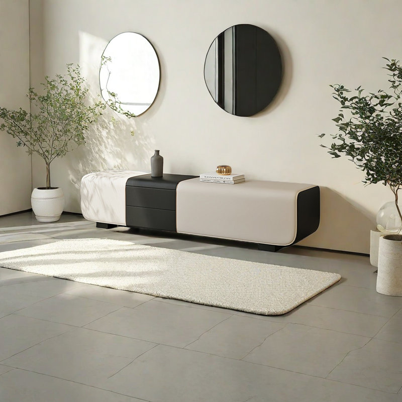 Banc de rangement rembourré en cuir Steph, Noir / Blanc cassé