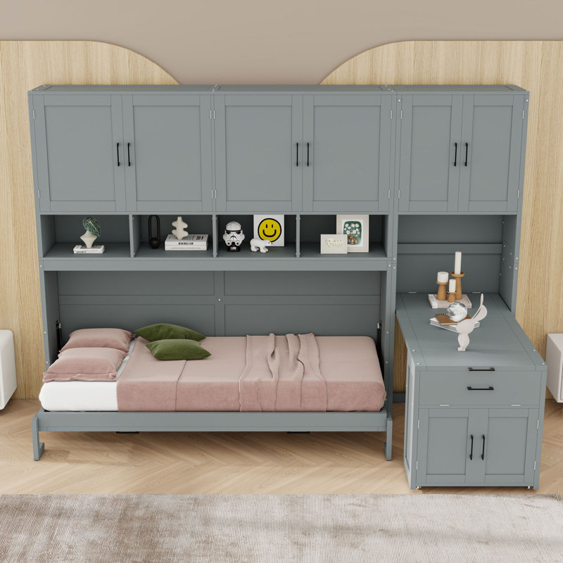 Lit escamotable simple en bois avec placard, tiroirs et bureau, Grey