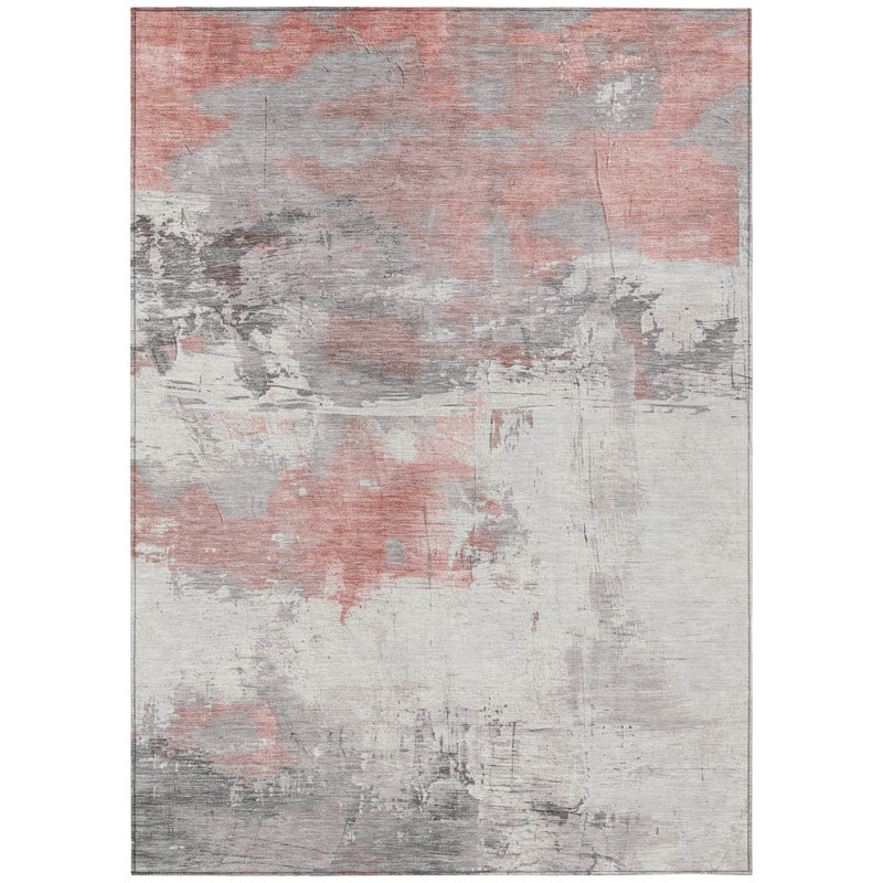 3' X 5' Coral And Gray Abstract Washable Indoor Outdoor Area Rug