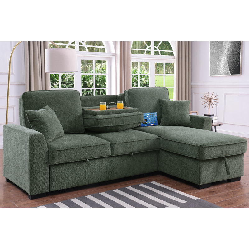 Elfrieda Boneless 92" W Reversible Sleeper Sectional with Storage, Green Chenille