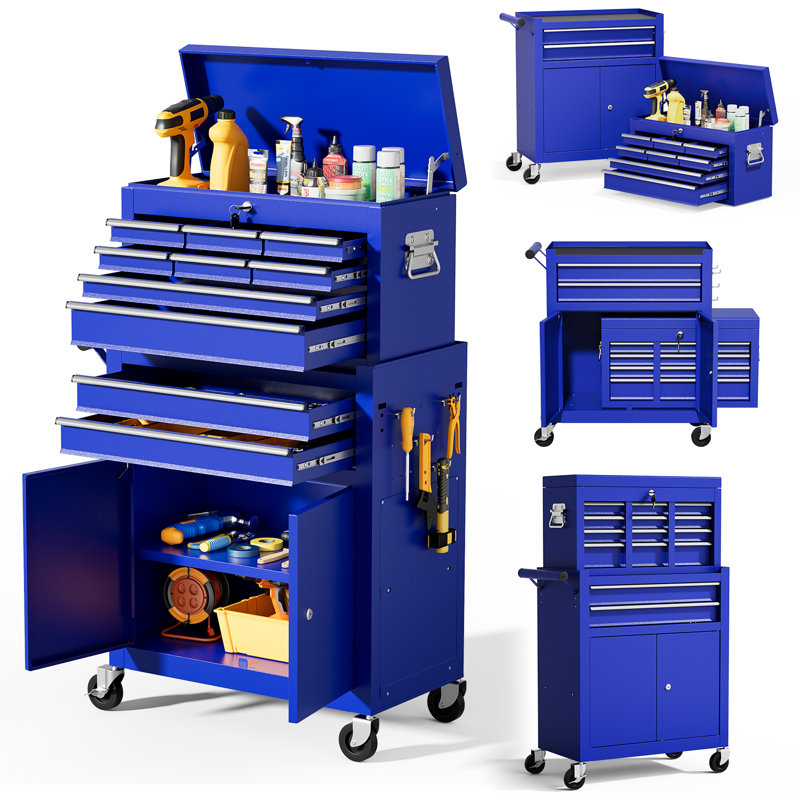 Ensemble de 24 tiroirs en acier avec roulettes 24,2 po (bleu), Bleu