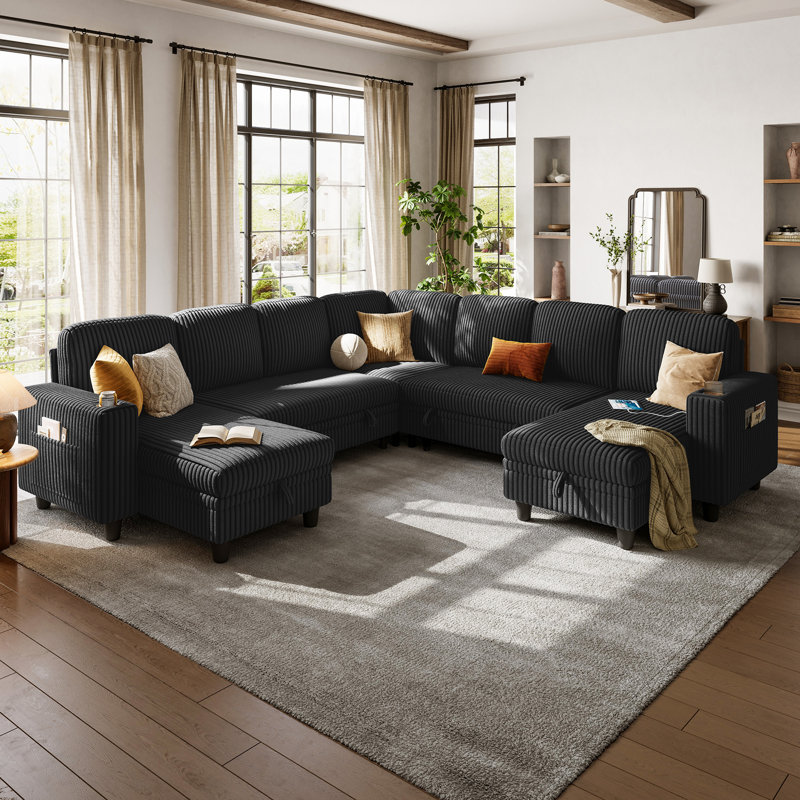  Sherry 106" Upholstered Modular Corner Sectionals with Pull-out Sofa, Storage, USB Charging & Cup Holders