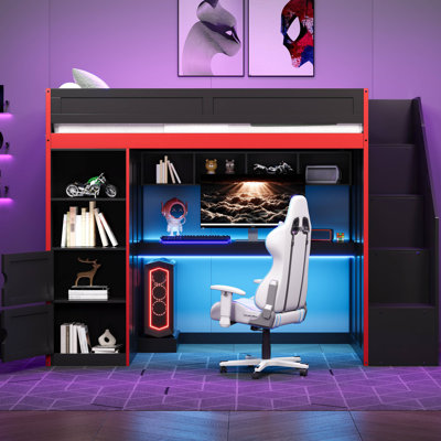Lit mezzanine de jeu avec bureau et rangement, lumières DEL