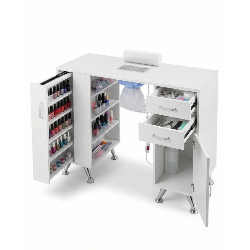 Bureau Nail Tech avec collecteur de poussière, table de manucure avec tiroirs de rangement, tablettes et repose-mains, poste de travail station de clou pour salon spa et home studio