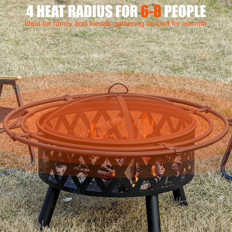 36 Inch Black Steel Outdoor Fire Pit with Spark Screen and Fire Poker