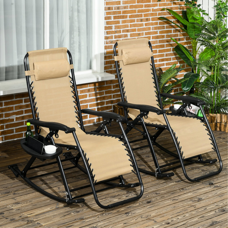 2 chaises berçantes d'extérieur, chaise berçante pliable zéro gravité avec coussin, porte-gobelet et support pour téléphone, beige, structure en acier, aucun assemblage requis 2 pièces inclinables, structure pliable pour une performance fiable
