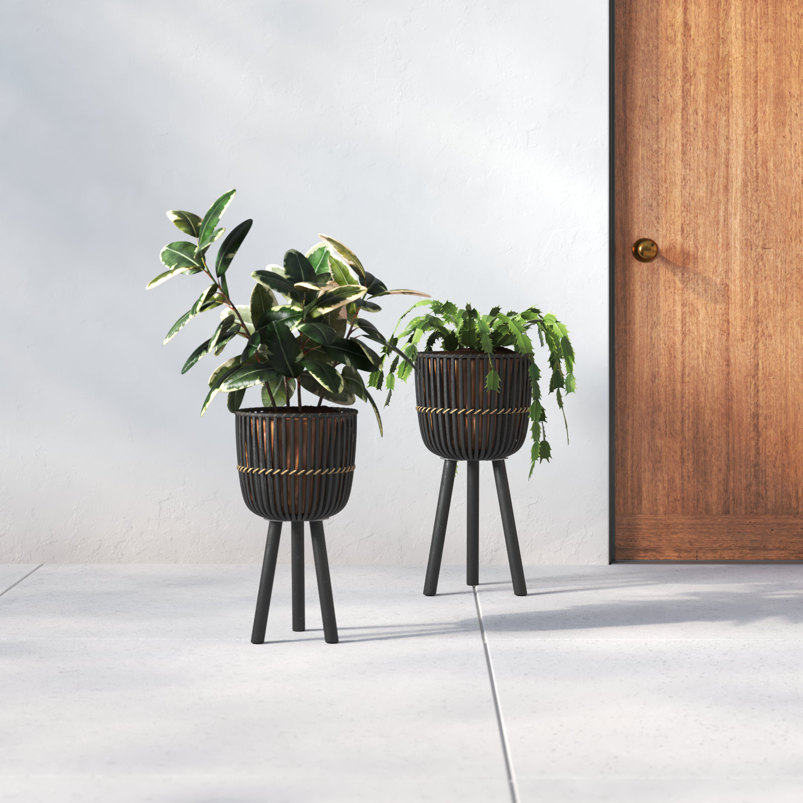 Wicker Modern Boho Bamboo Planter Set, Black, 23" H x 13" W x 13" D, Set of 2