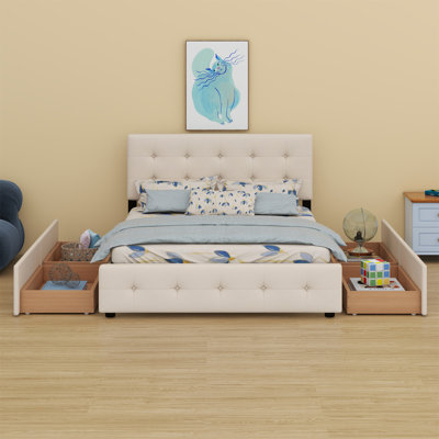 Upholstered Platform Bed With Classic Headboard And 4 Drawers