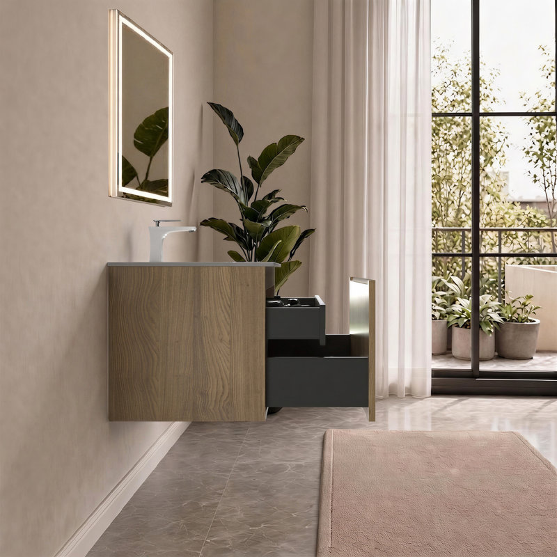 Meuble-lavabo mural simple de 76 cm (30 po) avec comptoir en résine blanche brillante, fini chêne jaune, design suspendu moderne pour petite salle de bain