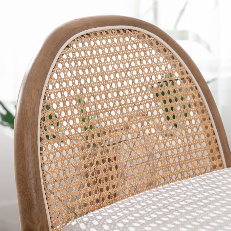 Beige 30-Inch Wood Bar Stools with Rattan Backrest, Set of 2