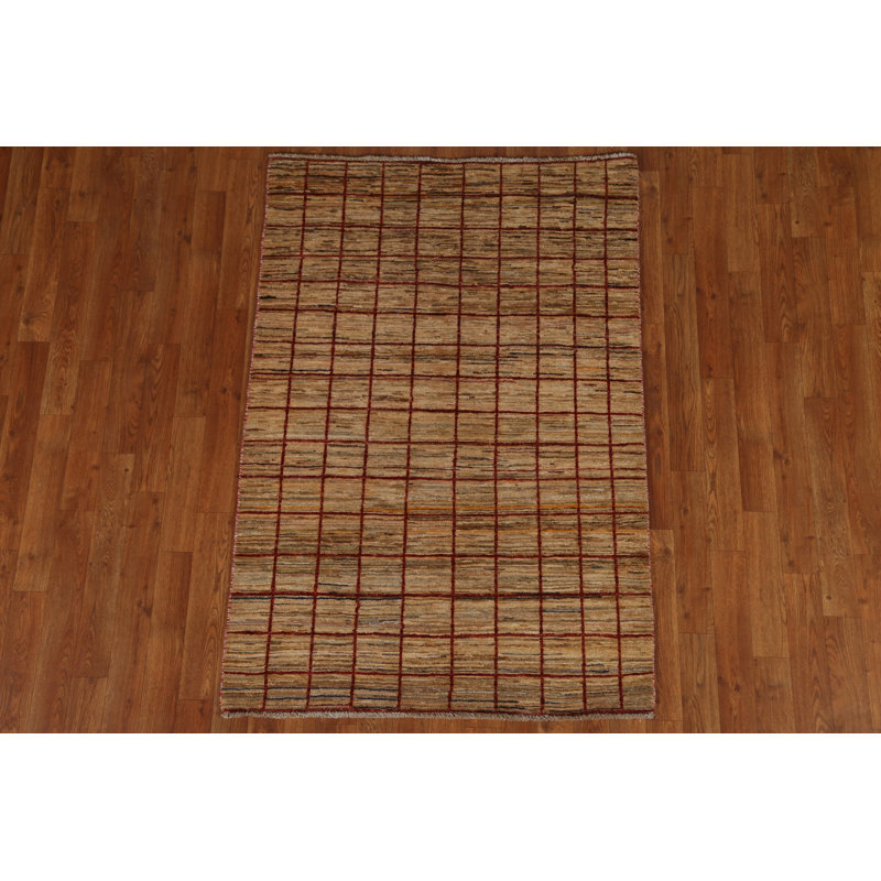 Tapis beige noué à la main de conception unique 3 pi 4 po x 4 pi 10 po