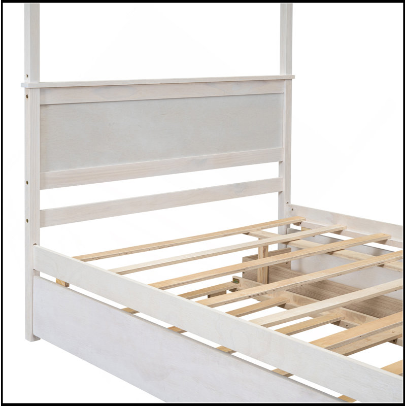 Wood Canopy Bed With Trundle Bed And Two Drawers ,Full Size Canopy Platform Bed With Support Slats .No Box Spring Needed, Brushed White