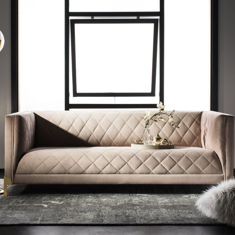 Luanna 87'' Light Grey Quilted Upholstered Sofa with Gold Legs