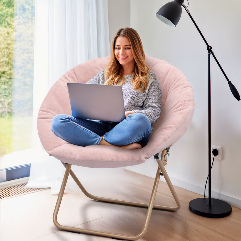 Foldable Round Saucer Chair Portable Papasan Chair Lounge Chair Accent Chair for Bedroom Living Room, Bronze, Pink Faux Fur